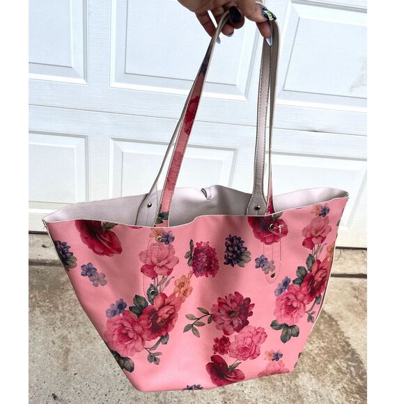 Bebe Reversible Floral Tote Bag Pink Vegan Leather Purse NWT Large - Picture 5 of 11